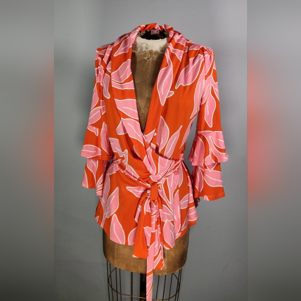 Venus Leaf Print Ruffle Sleeve Wrap Blouse Orange & Pink Ladies Size 5